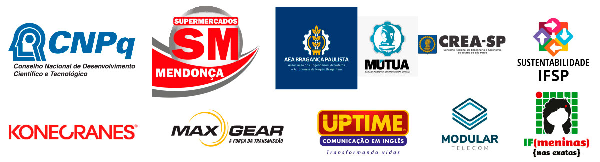 logos apoiadores: CNPq, Supermercados Mendonça, Area Bragança Paulista, Mutua, CREA-SP, Konecranes, Maxgear, Uptime, If meninas nas exatas