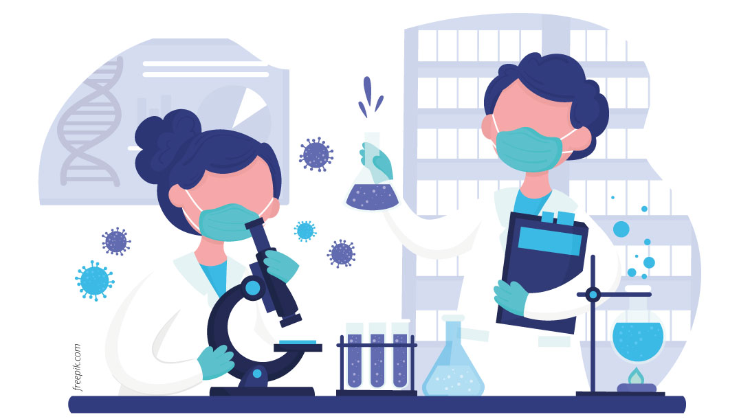 dois cientistas dentro de laboratório utilizando microscópio e tubos de ensaio